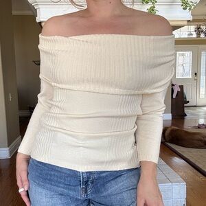 90s Cream Off the Shoulder Ribbed Fitted Blouse Romantic Size Medium